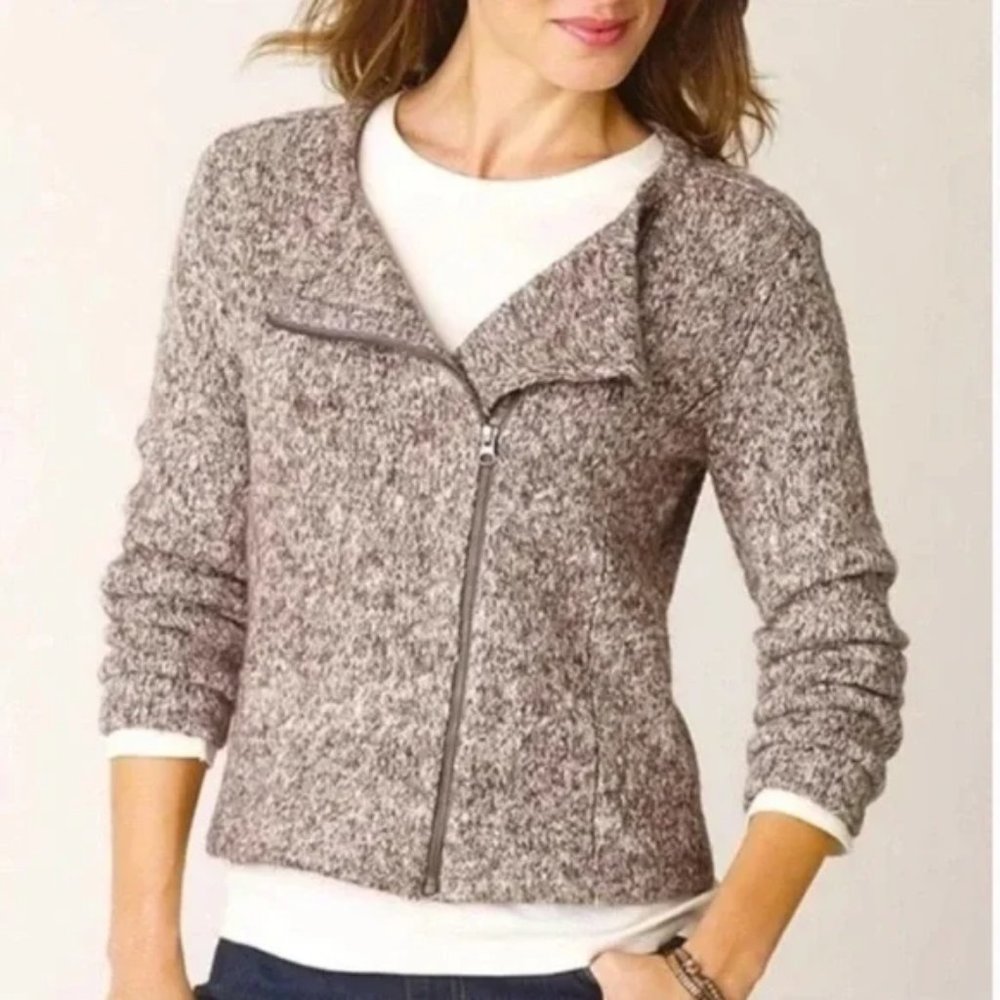 J. Jill Asymmetrical Zip Marled Soft Sweater Knit Blue Moto Jacket